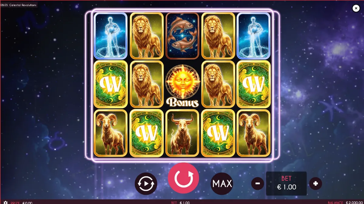 Tampilan visual slot Celestial Revolutions dengan tema zodiak dan konstelasi