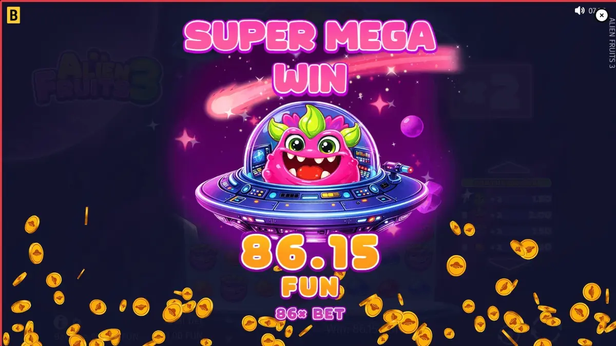 Tampilan visual grid 8x8 pada slot Alien Fruits 3 dengan tema neon sci-fi